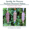 Three beaded pinecone ornaments hanging on a green branch with text about an Argus pattern design.