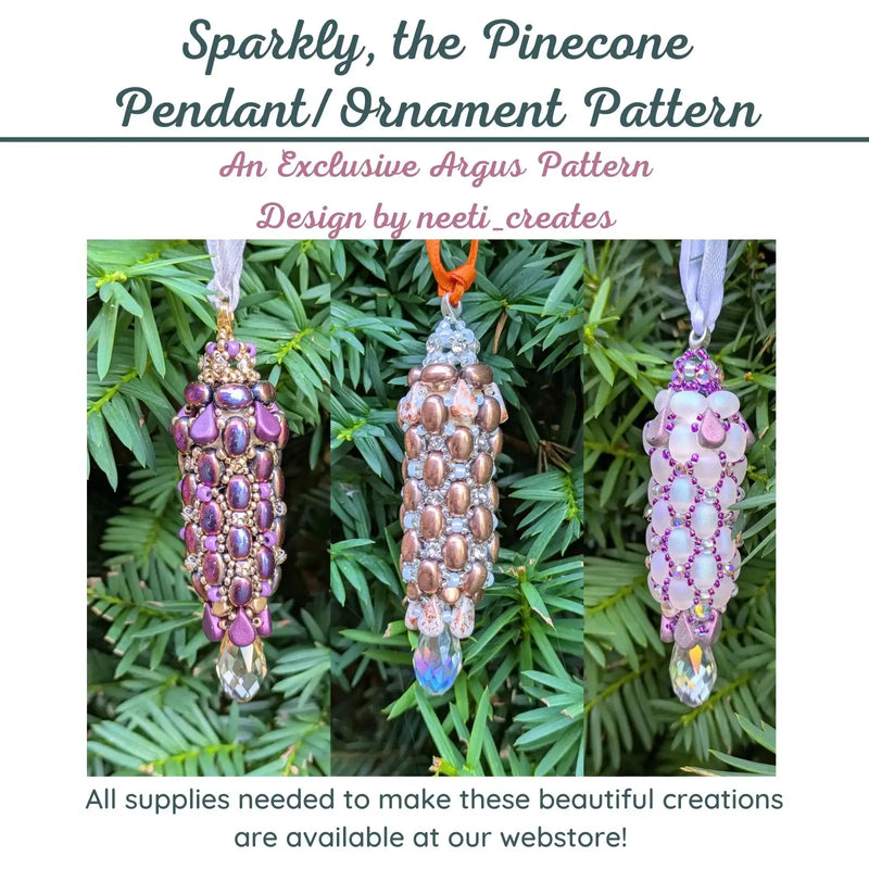 Three beaded pinecone ornaments hanging on a green branch with text about an Argus pattern design.