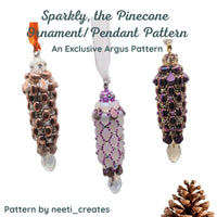 Three pinecone ornaments with decorative patterns on a white background, featuring text about an Argus pattern.