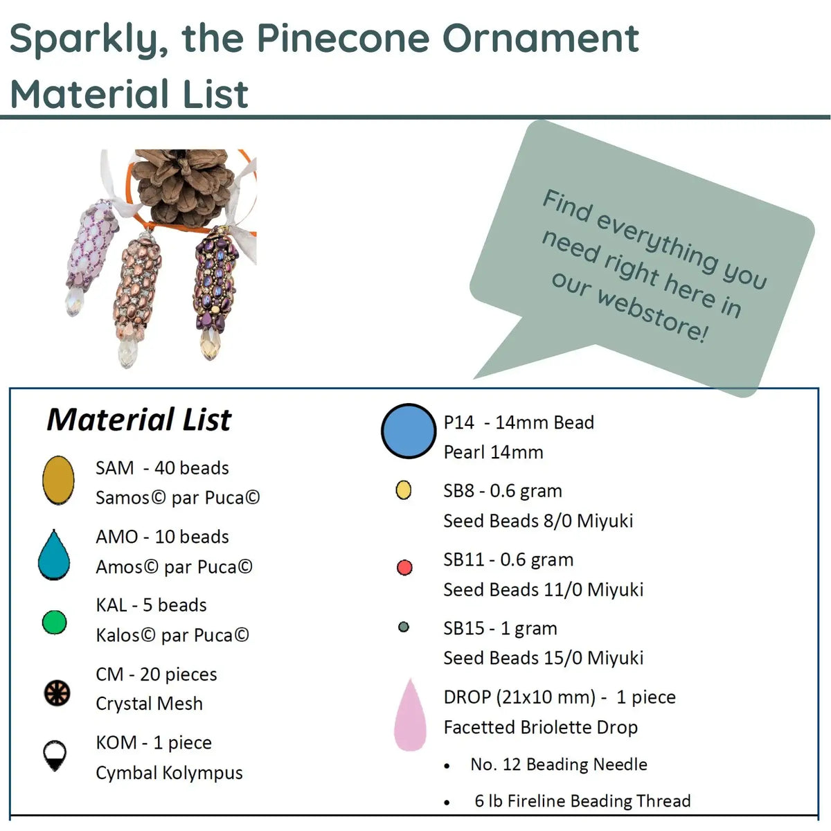 Material list for Sparkly, the Pinecone Ornament with product images and text prompts.