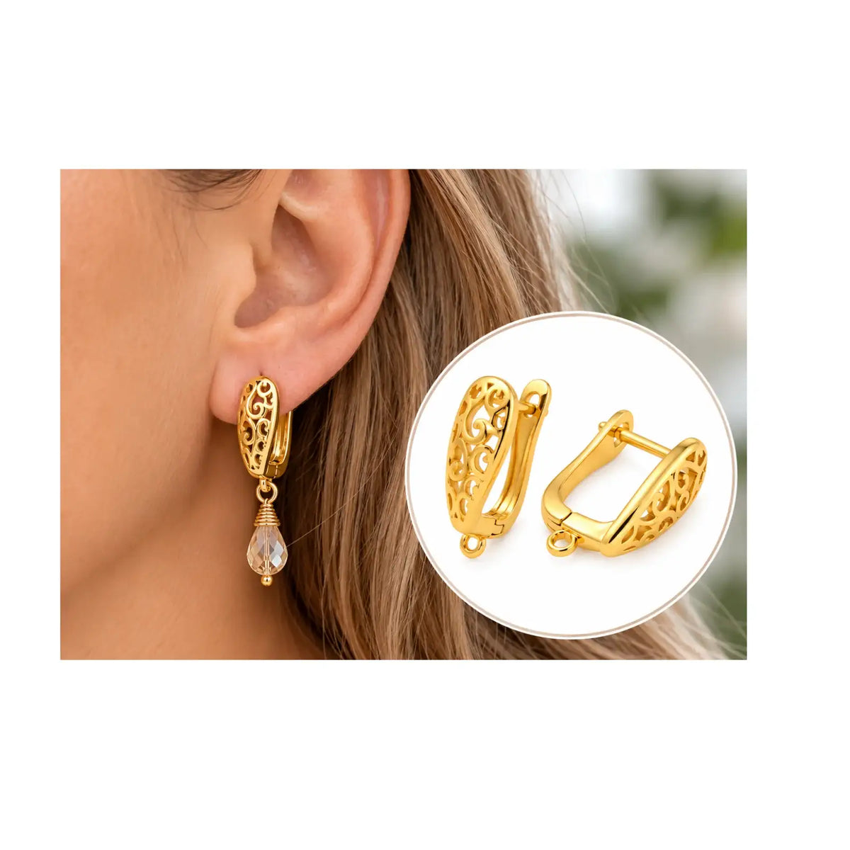 Spiral Heart gold leverback earring finding with small crystal drop