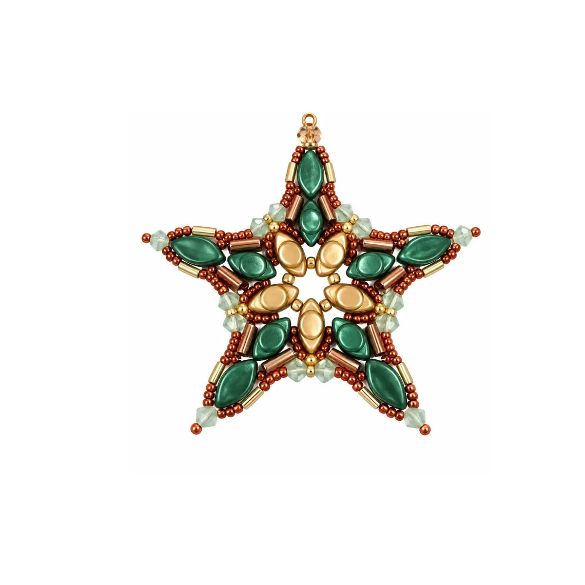 Star 2024 beaded ornament kit in Green Gold with green, gold and copper beads