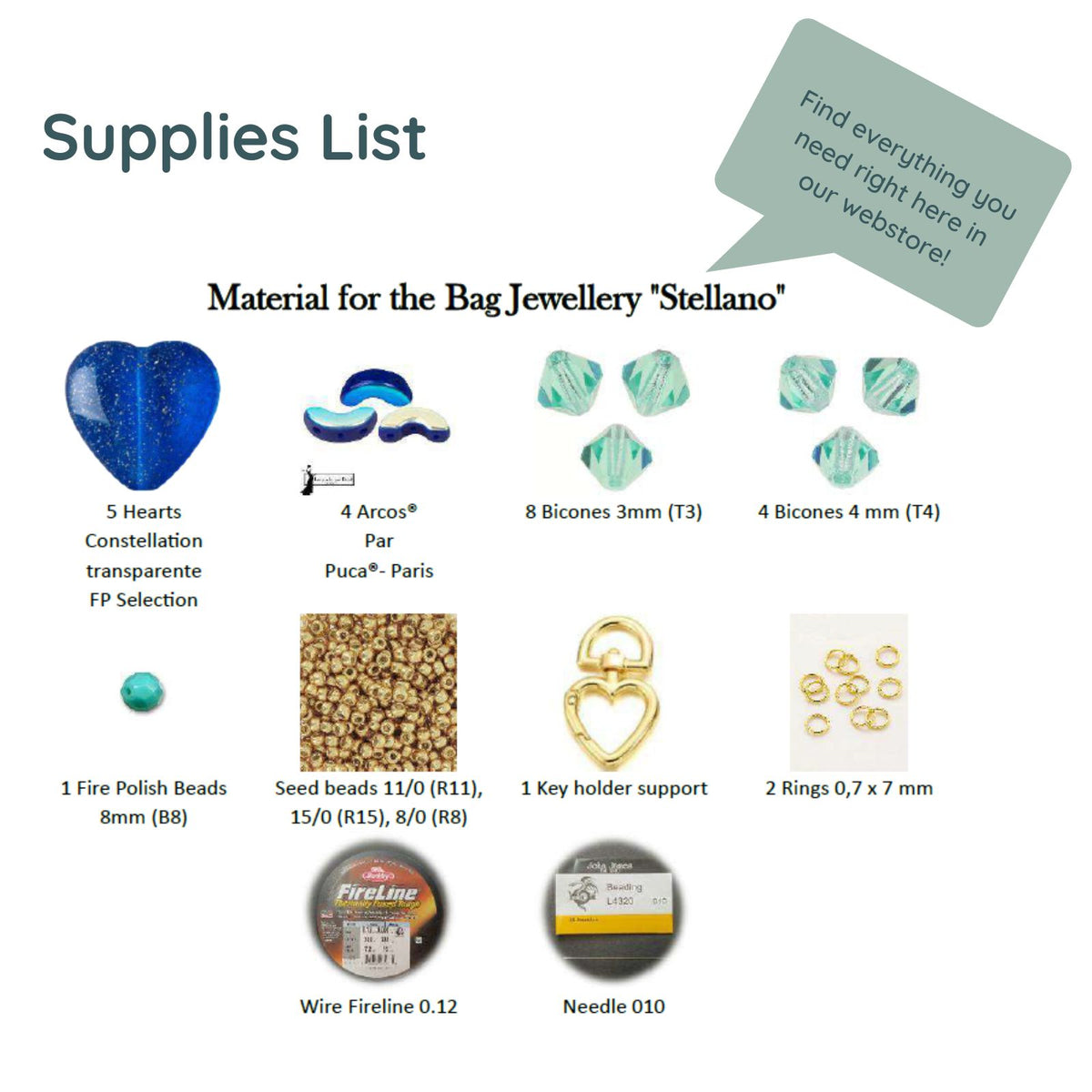 Supplies list for 'Stellano' bag jewelry material with various items displayed.