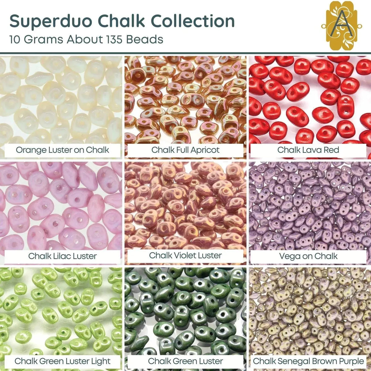 Superduo Beads, 10g., Chalk Collection, 9 Colors - The Argus Collection