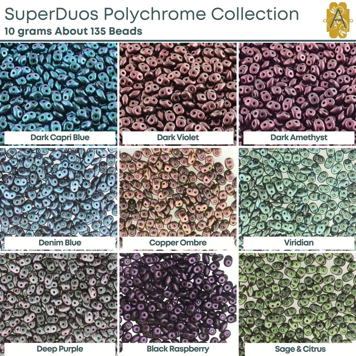 Superduo Beads, 10g., Polychrome Collection, 9 Colors - The Argus Collection