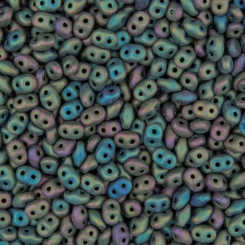 Superduo Beads, Jet Green Iris Matte