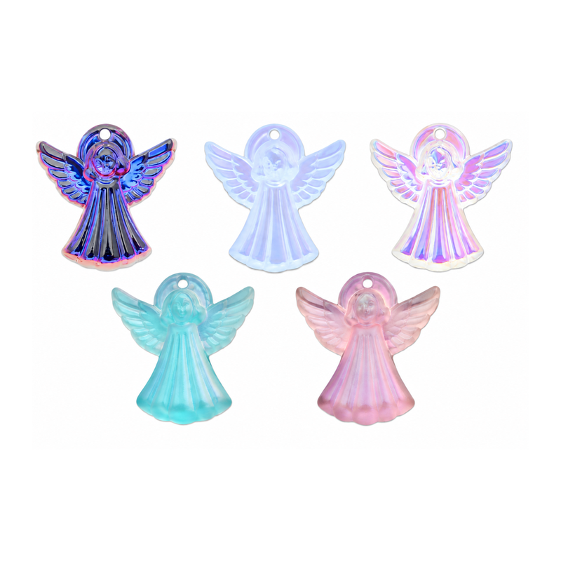 Five vintage Swarovski crystal angel charms in assorted iridescent finishes, 14 × 13 mm, made in Austria