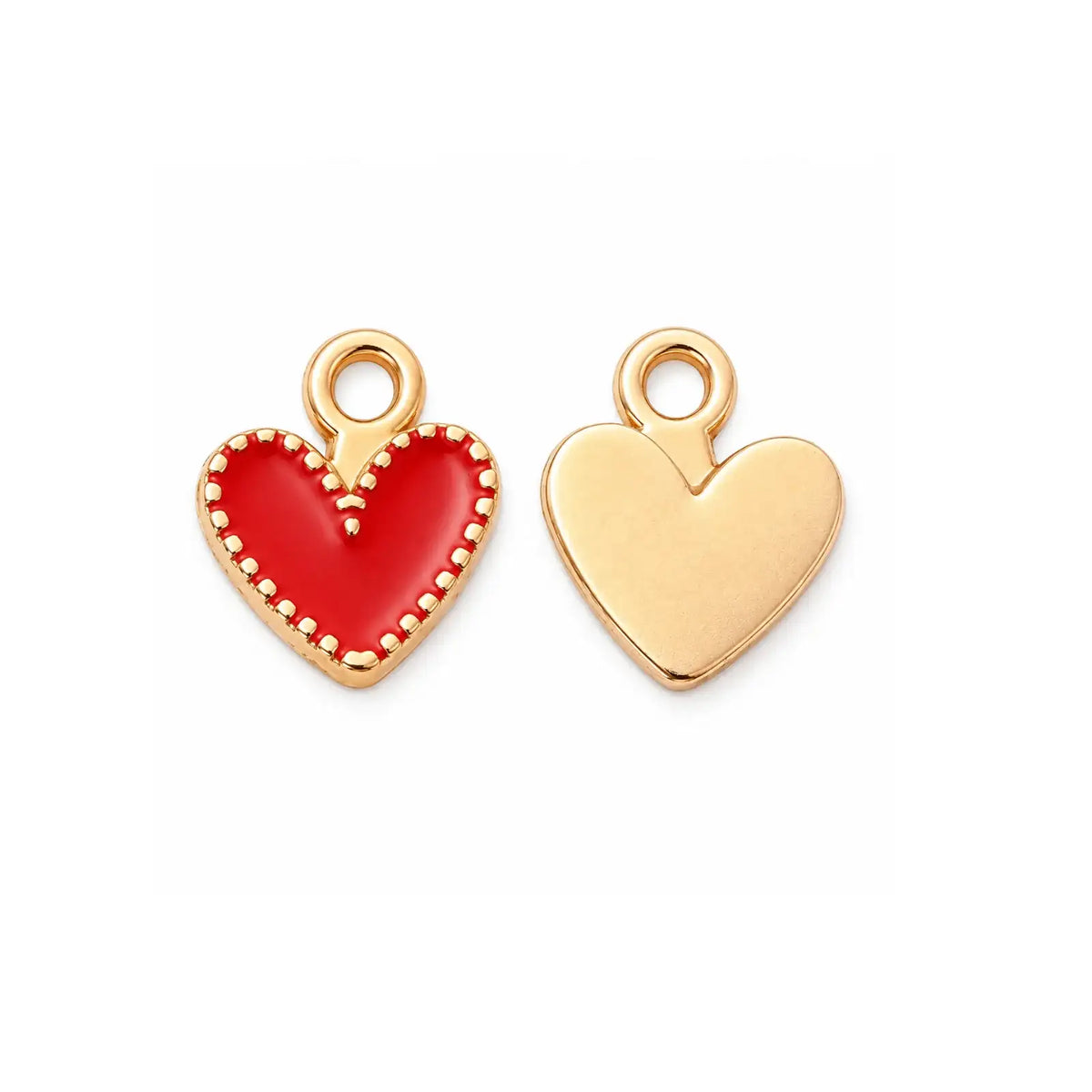 Red enamel heart charm showing front and gold-tone back on a white background