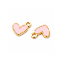 Pink enamel heart charms shown from two angles on a white background
