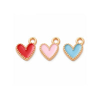 Sweetheart enamel heart charms in Red, Pink and Sky Blue with gold-tone trim on a white background