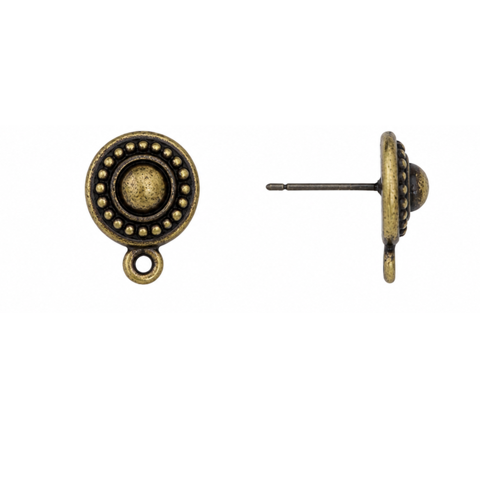 TierraCast 11mm beaded earring stud with titanium post and bottom loop in Antique Brass finish.