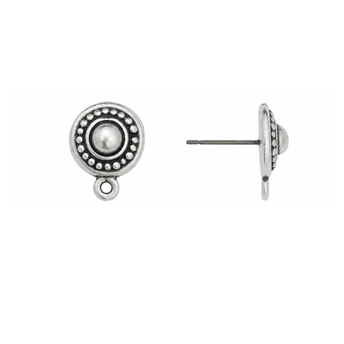 TierraCast 11mm beaded earring stud with titanium post and bottom loop in Antique Silver finish.