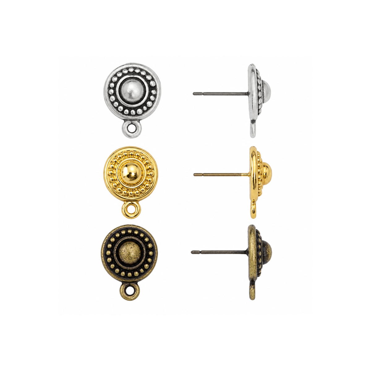 TierraCast 11mm beaded earring studs with titanium posts in silver, gold and antique brass finishes, shown from front and side views.