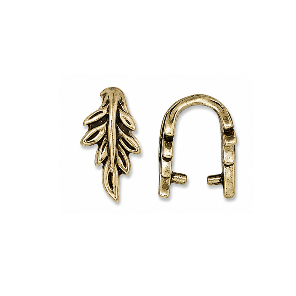TierraCast Botanical Leaf Pinch Bail in Antique Gold, shown on a white background.