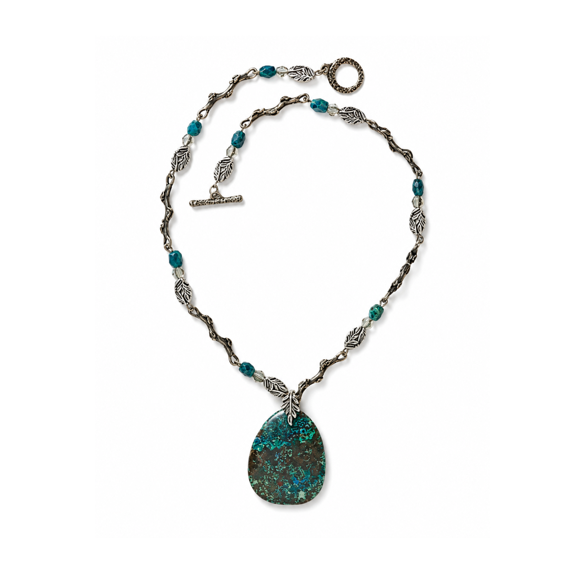 Finished necklace featuring a TierraCast Botanical Leaf Pinch Bail with a teal stone pendant, leaf beads and antique silver findings.