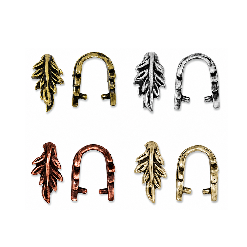 TierraCast Botanical Leaf Pinch Bails in four finishes, shown from decorative leaf and open side views.