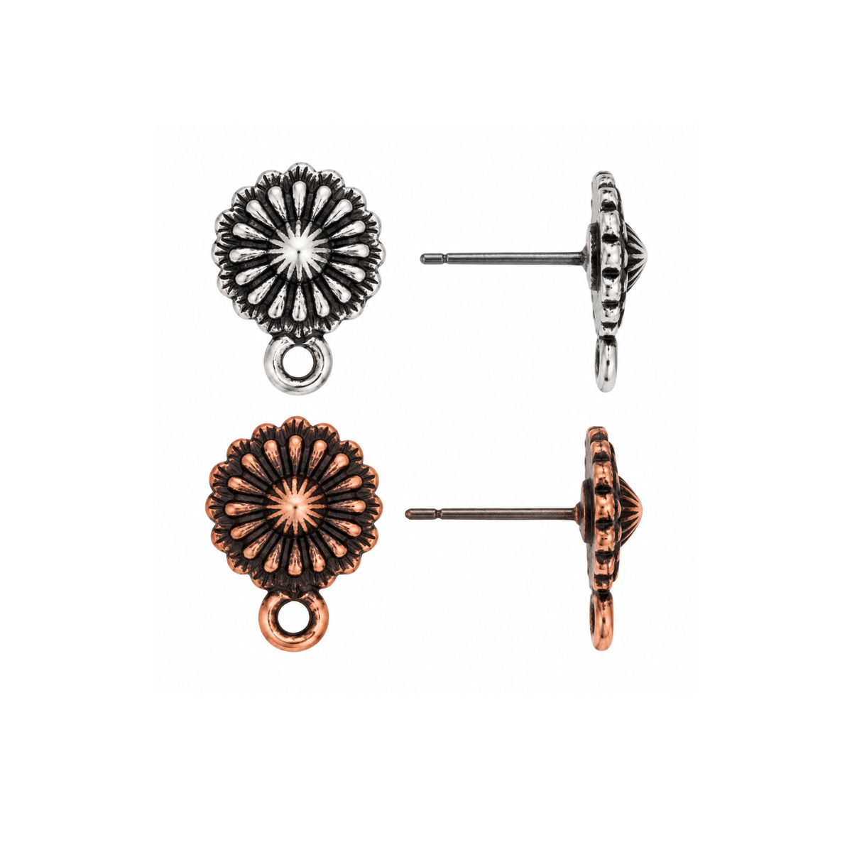 TierraCast Concho earring posts with titanium posts in Antique Silver and Antique Copper