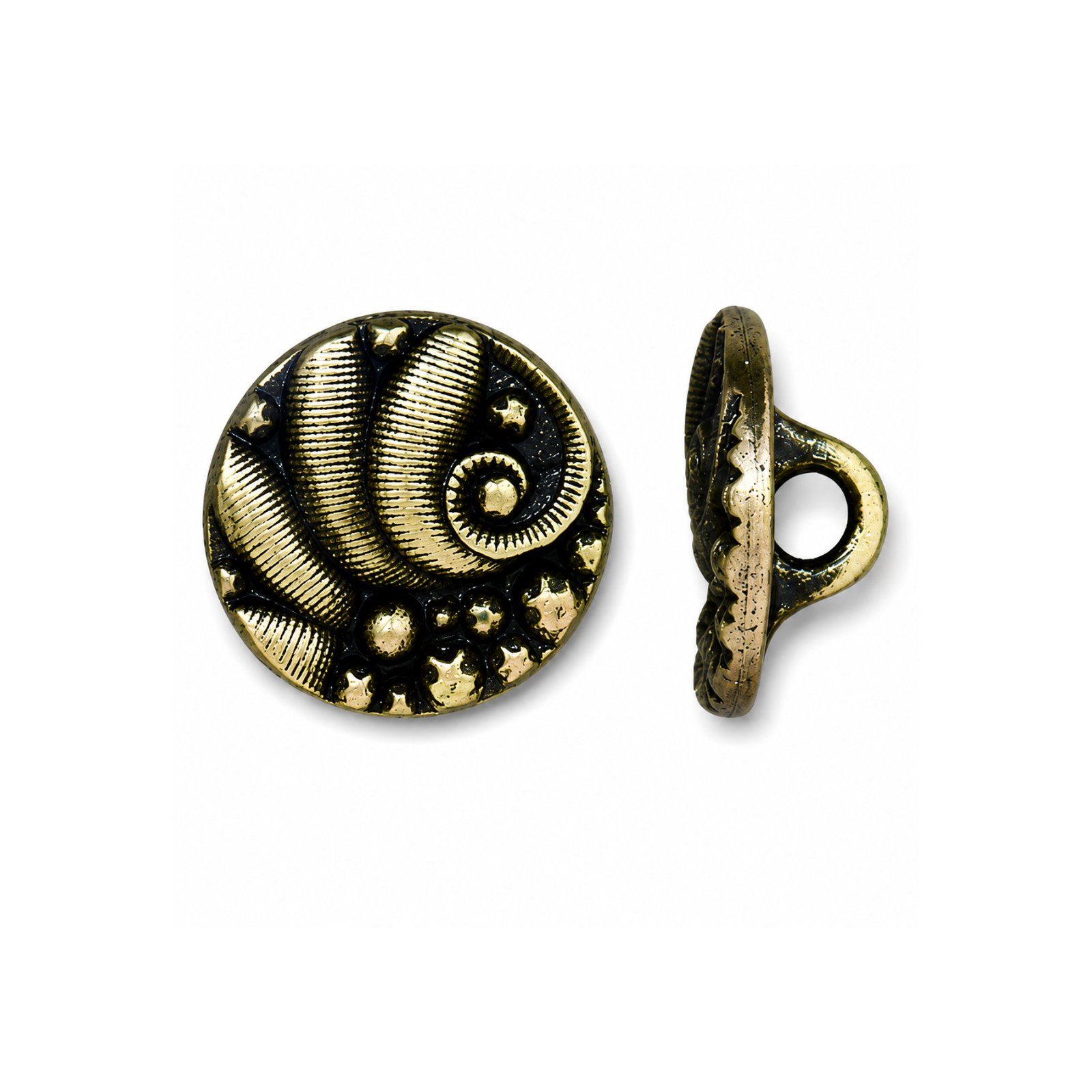 TierraCast Czech Round 12.5mm button in Antique Brass, shown from front and side.