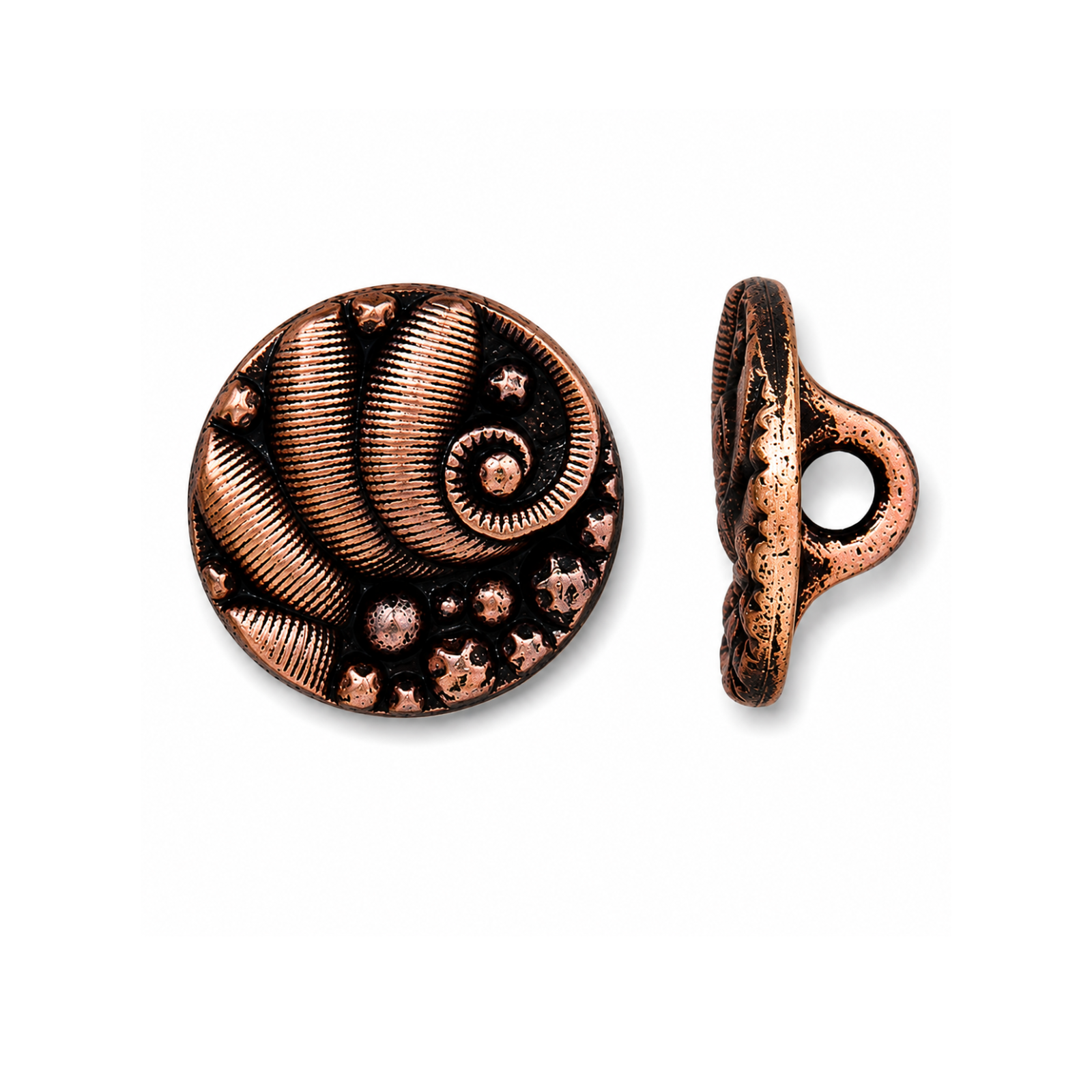 TierraCast Czech Round 12.5mm button in Antique Copper, shown from front and side.