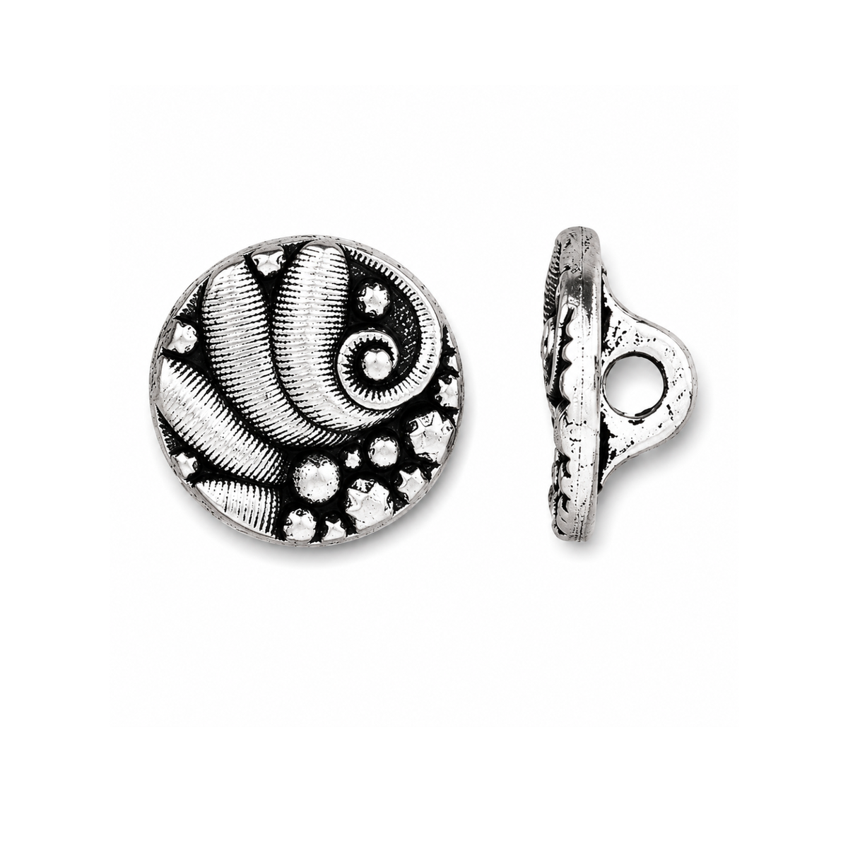 TierraCast Czech Round 12.5mm button in Antique Silver, shown from front and side.