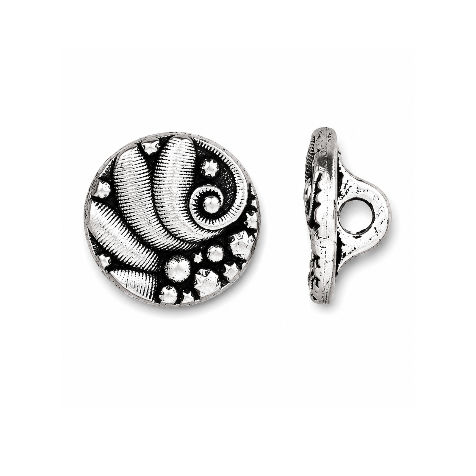 TierraCast Czech Round 12.5mm button in Antique Silver, shown from front and side.