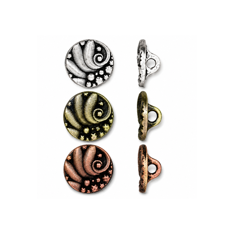 TierraCast Czech Round 12.5mm jewelry buttons in antique silver, antique brass and antique copper finishes with front and side views.