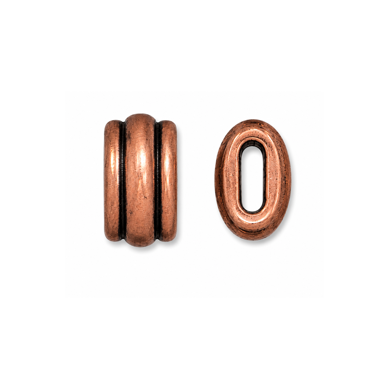 TierraCast Deco crimpable barrel bead in Antique Copper, shown from front and side.