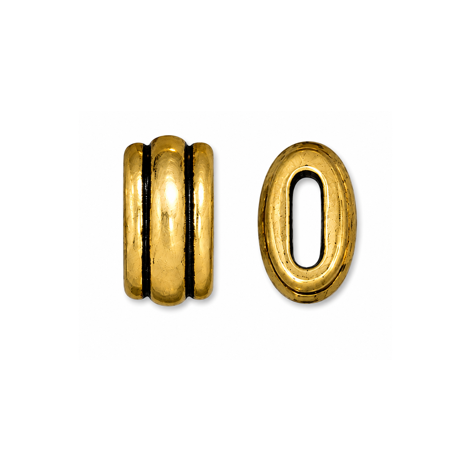 TierraCast Deco crimpable barrel bead in Antique Gold, shown from front and side.