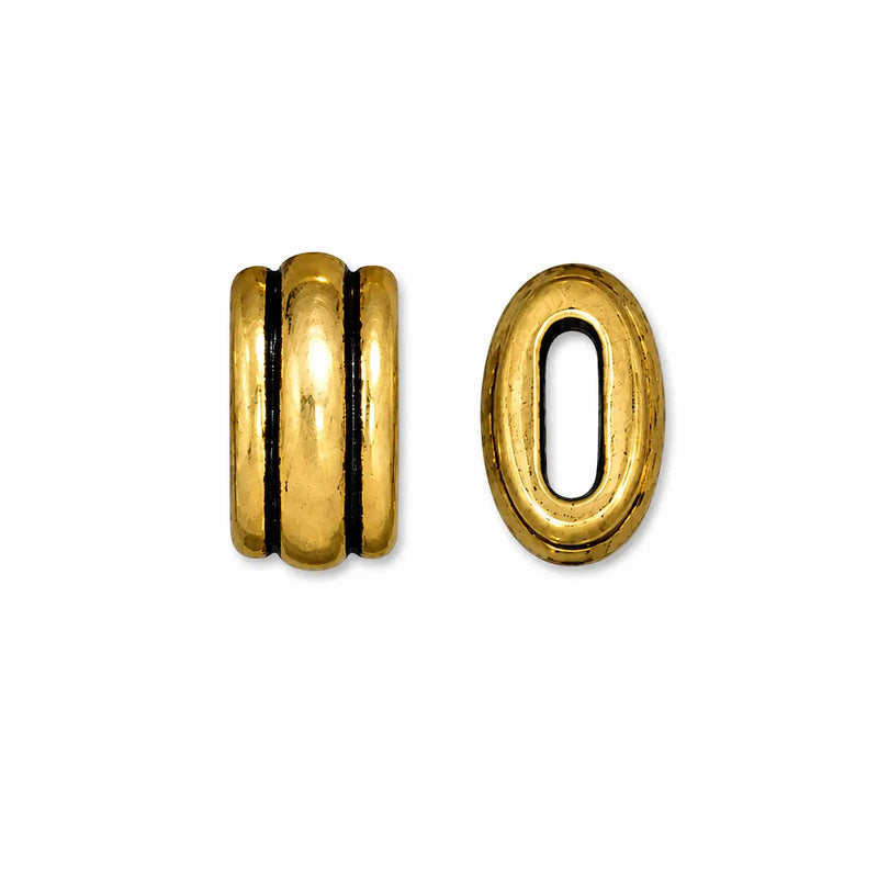 TierraCast Deco crimpable barrel bead in Antique Gold, shown from front and side.