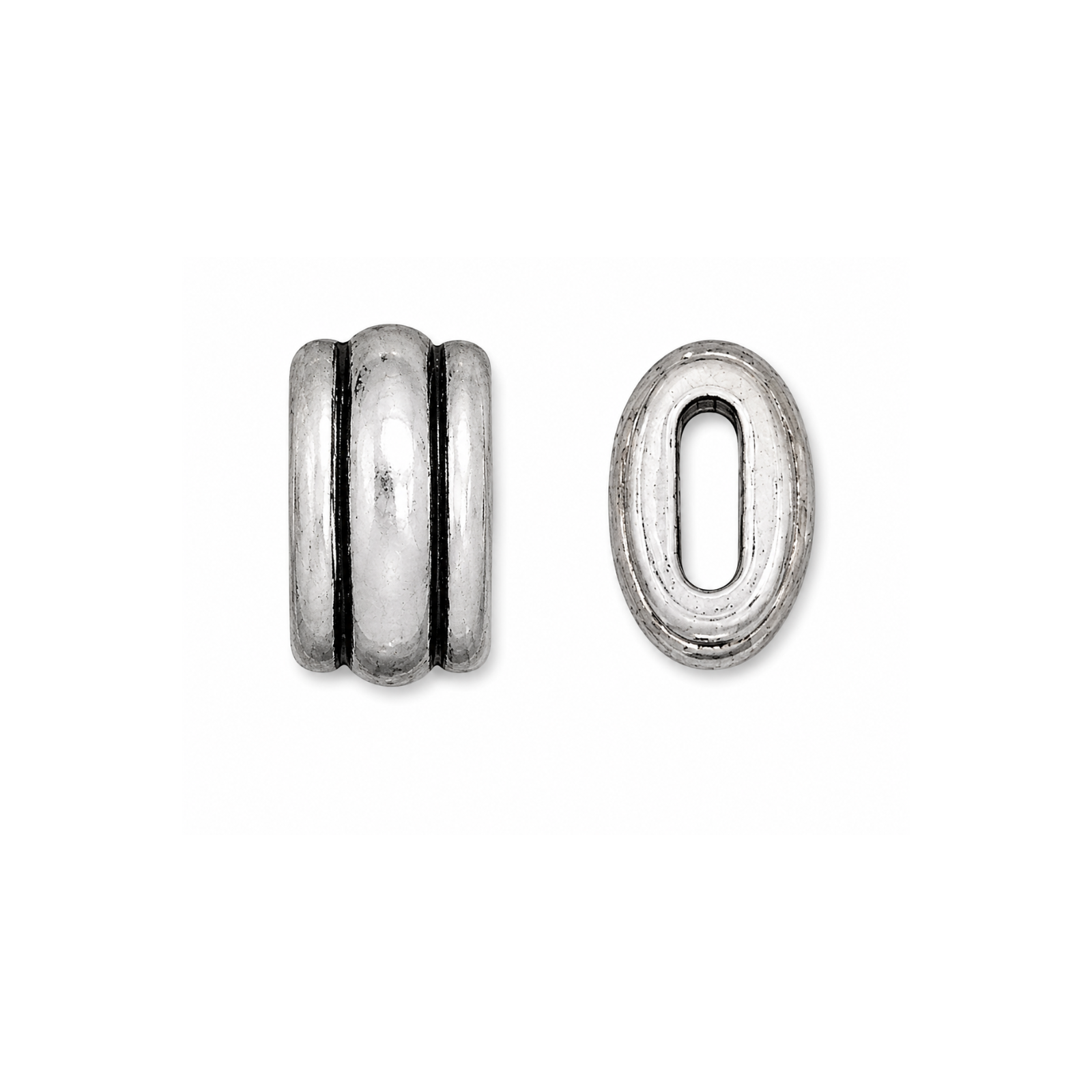 TierraCast Deco crimpable barrel bead in Antique Silver shown from front and side.