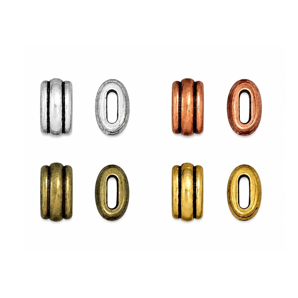TierraCast Deco crimpable barrel beads in antique silver, antique copper, oxidized brass and antique gold finishes.