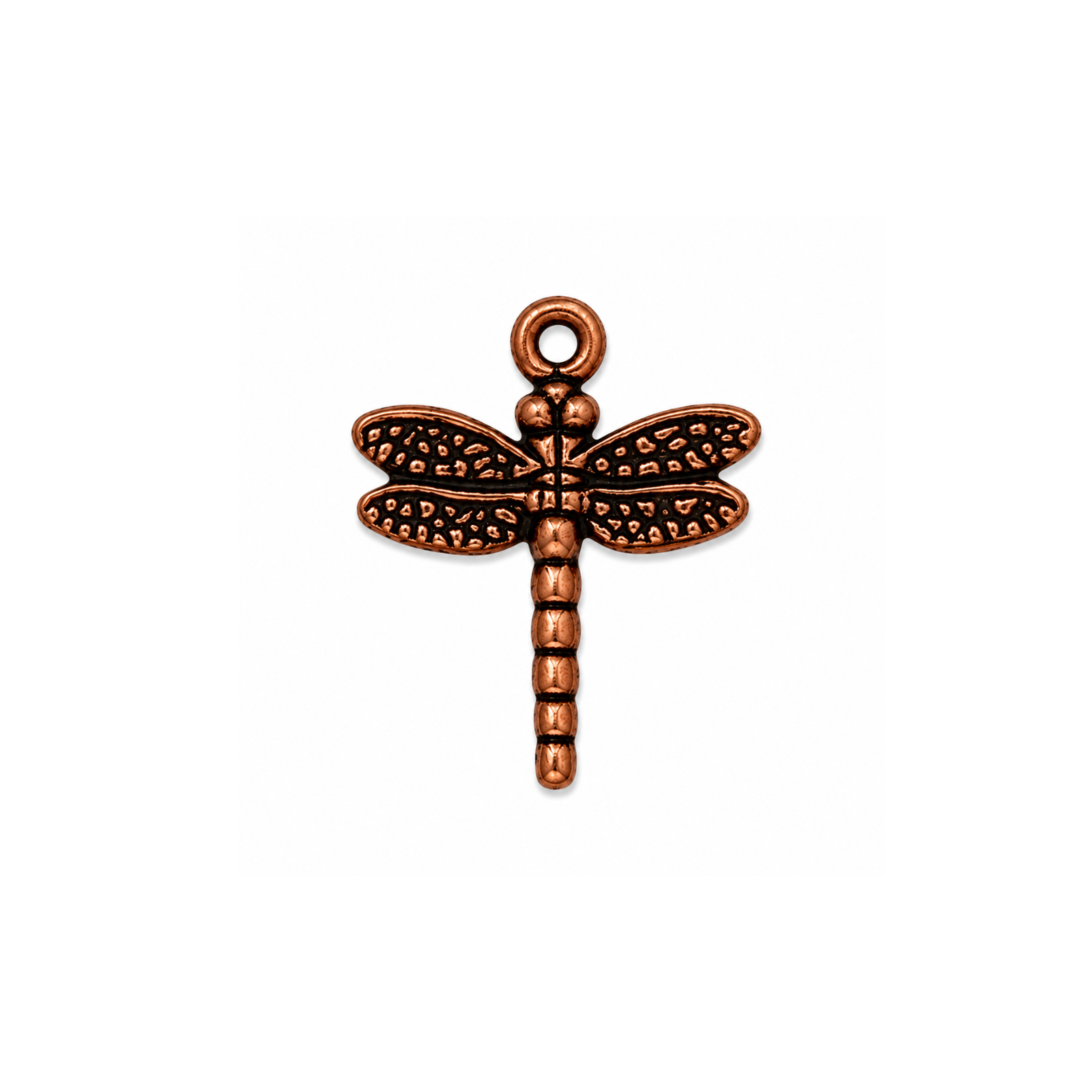 TierraCast 15mm dragonfly charm in Antique Copper finish on a white background.