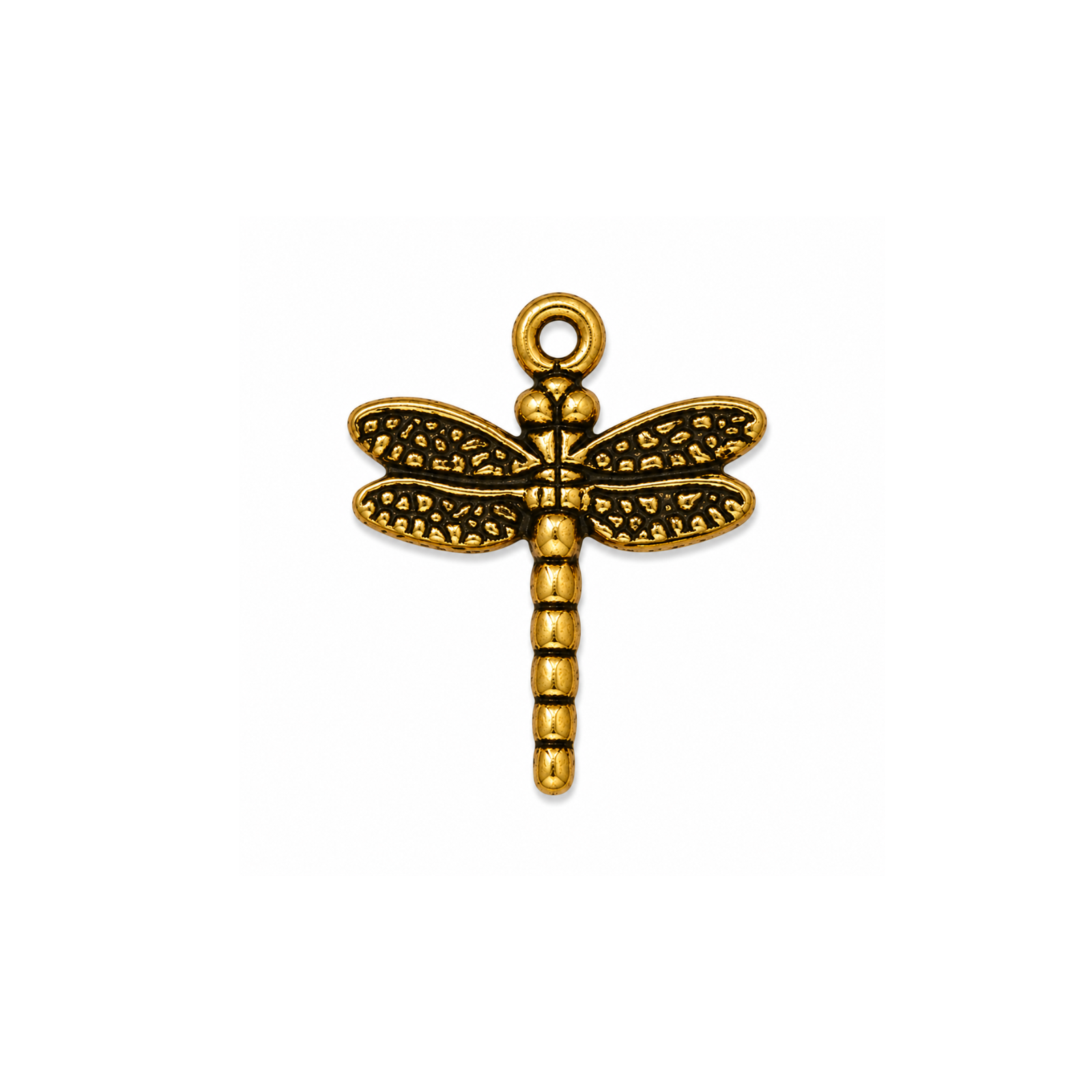 TierraCast 15mm dragonfly charm in Antique Gold finish on a white background.