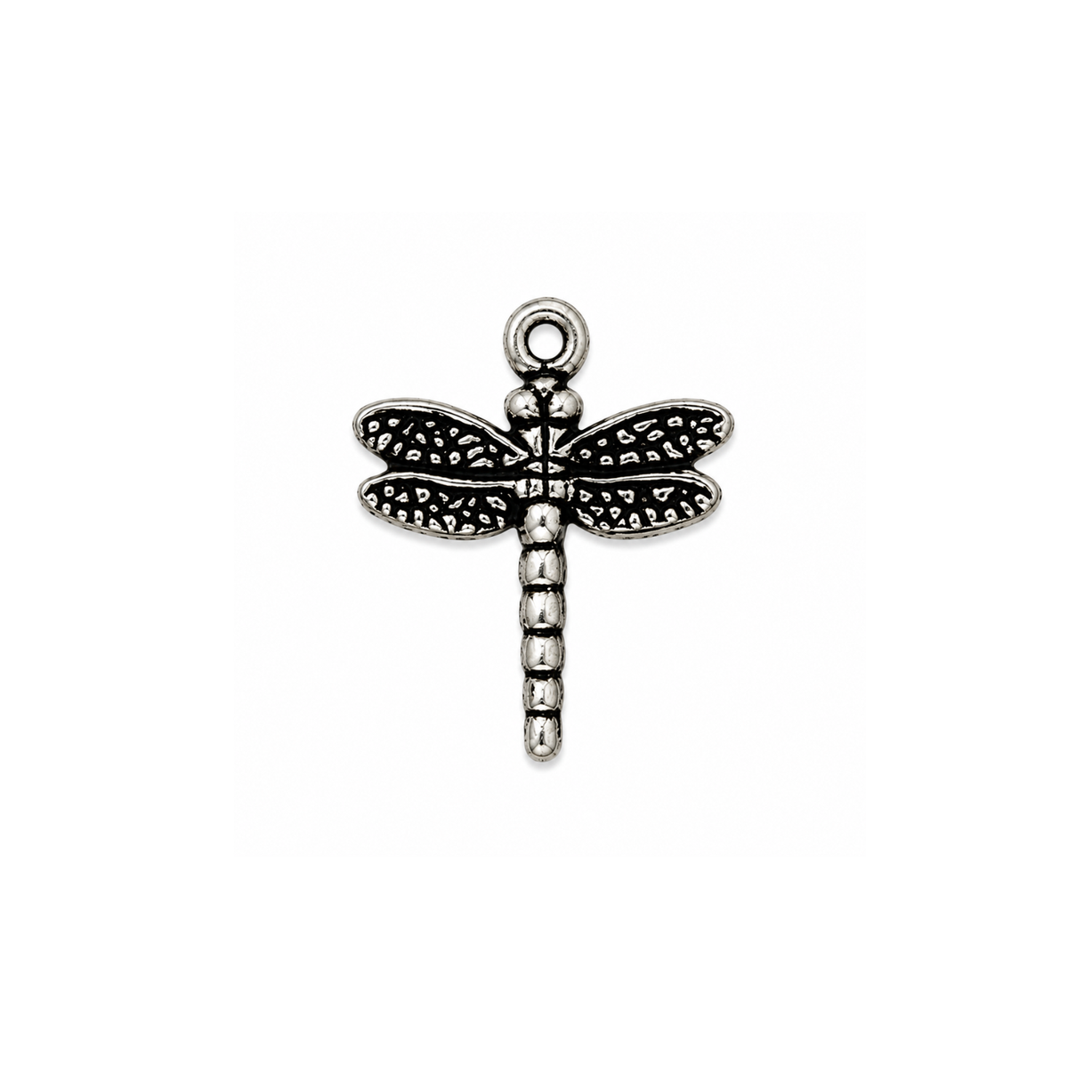 TierraCast 15mm dragonfly charm in Antique Silver finish on a white background.