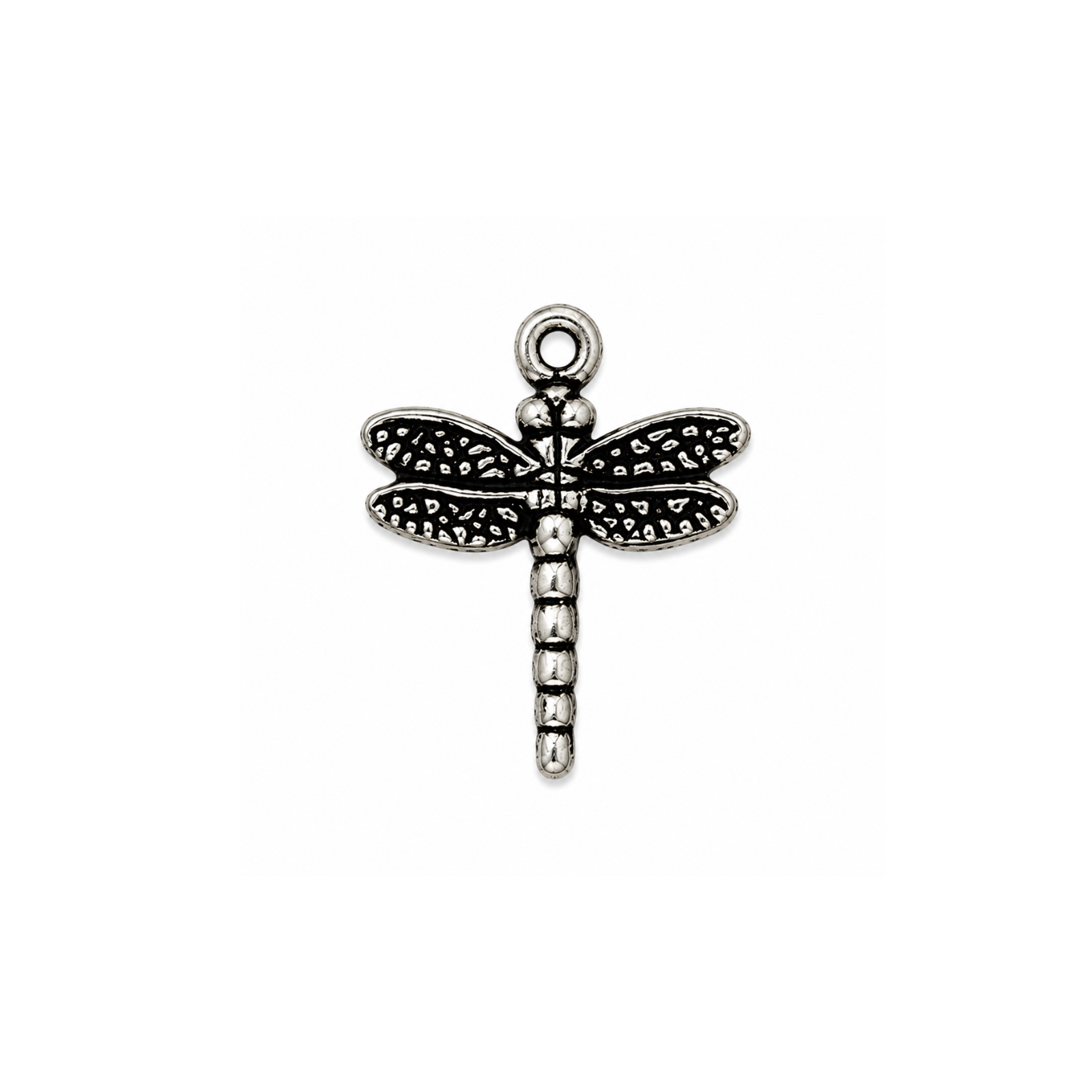 TierraCast 15mm dragonfly charm in Antique Silver finish on a white background.