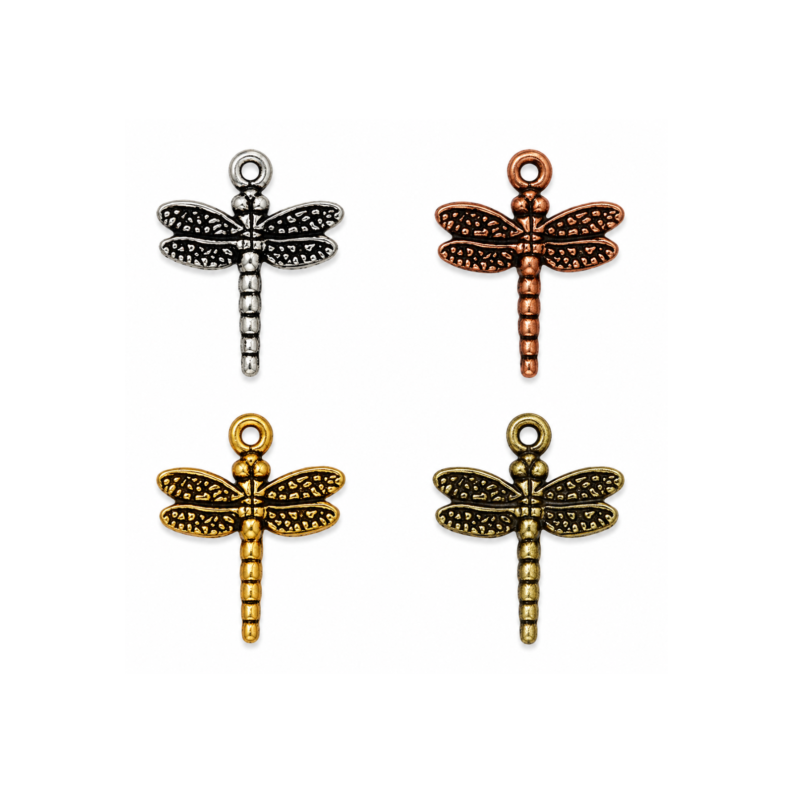 TierraCast dragonfly charms in Antique Silver, Antique Copper, Antique Gold and Oxidized Brass finishes.