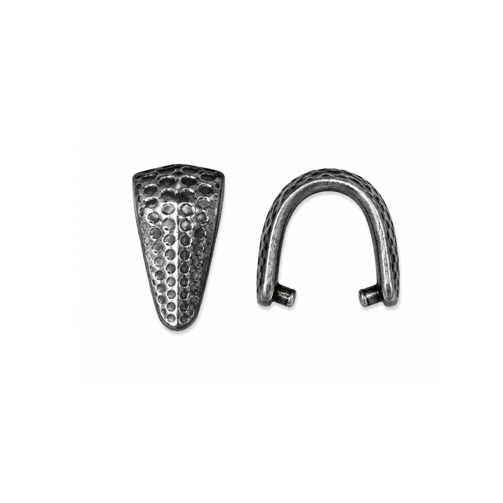 TierraCast Hammertone small pinch bail in Antique Pewter, shown from front and open side views