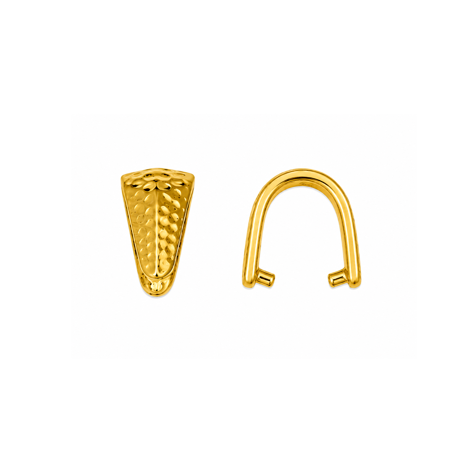 TierraCast Hammertone small pinch bail in Bright Gold shown from front and open side views