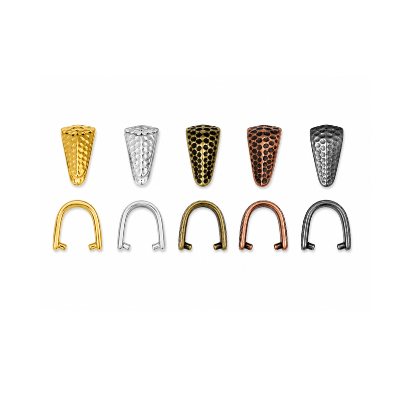 TierraCast Hammertone small pinch bails in six finishes, shown from front and open side views.