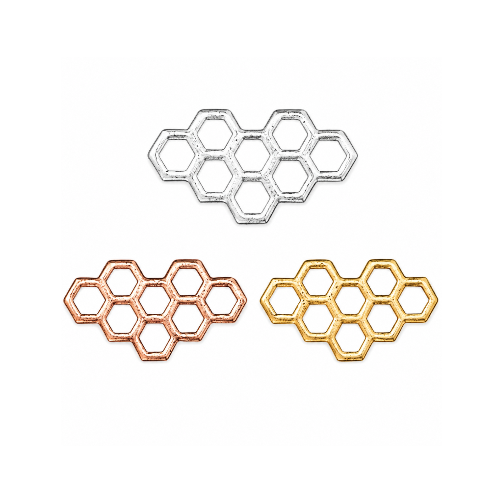 TierraCast Honeycomb focal and connector in three metal finishes with open hexagon design.