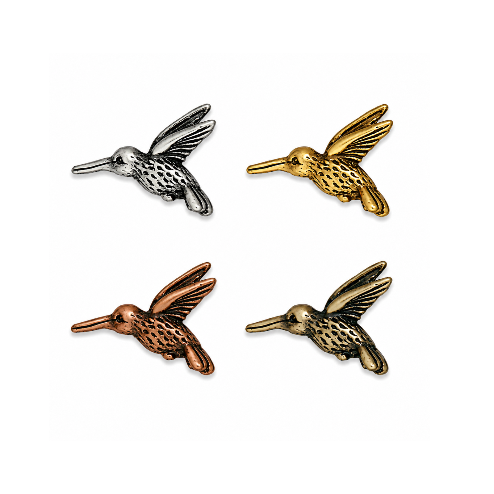 TierraCast hummingbird beads in four metal finishes, shown on a white background.
