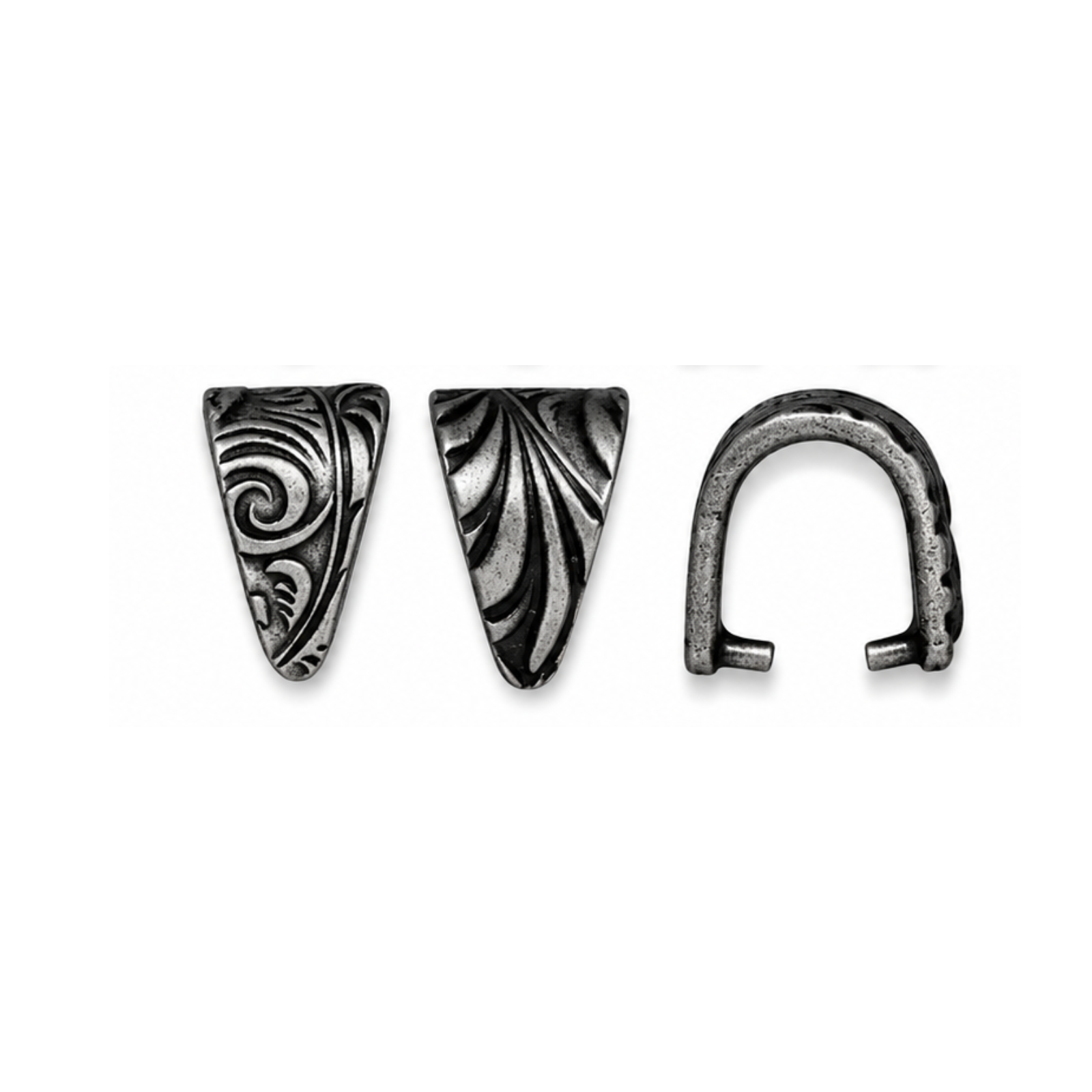 TierraCast Jardin large pinch bail in Antique Pewter, showing decorative and open views on a white background.