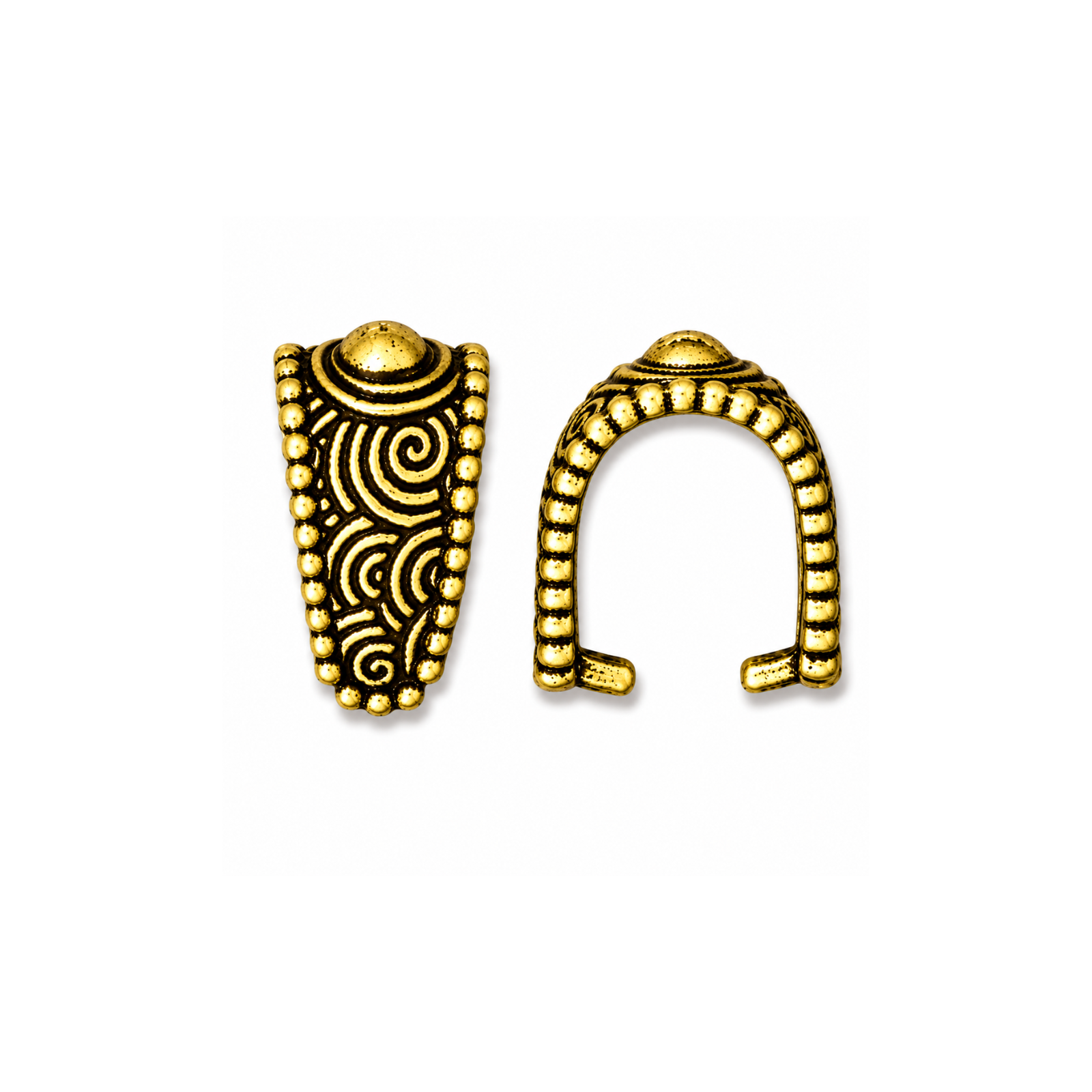 TierraCast Large Spiral Pinch Bail in Antique Gold, showing decorative front and open side views on a white background.