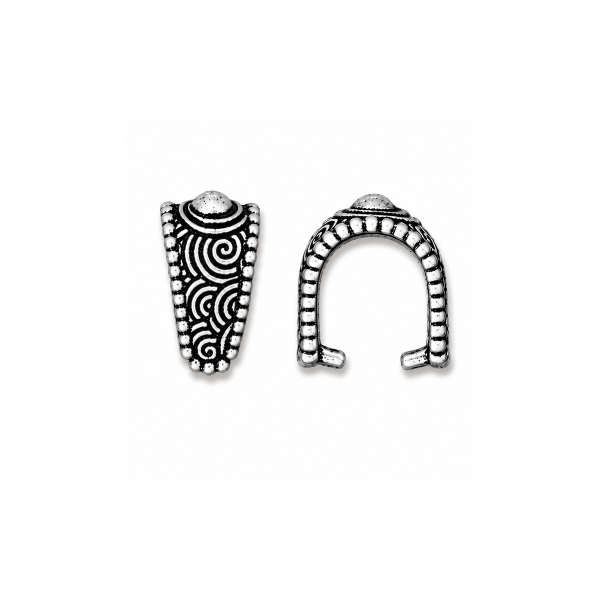 TierraCast Large Spiral Pinch Bail in Antique Silver, showing decorative front and open side views on a white background.