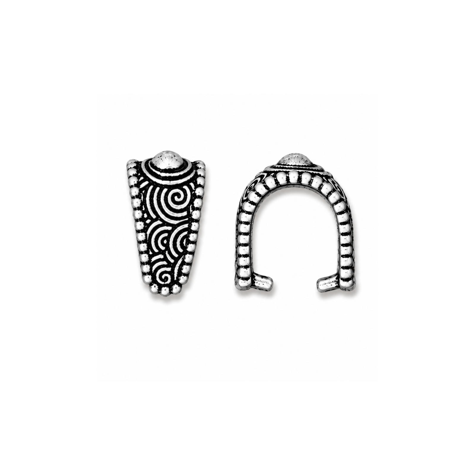 TierraCast Large Spiral Pinch Bail in Antique Silver, showing decorative front and open side views on a white background.
