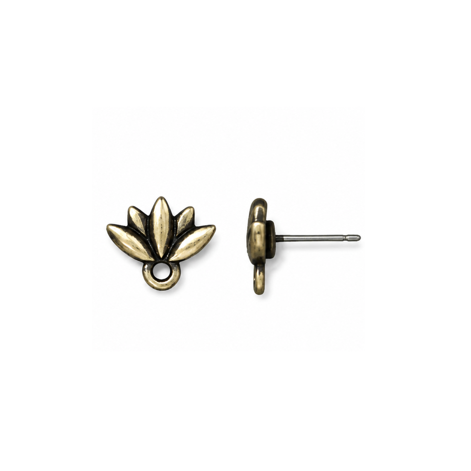 TierraCast Lotus Earring Post in Antique Brass with titanium post and bottom loop, shown on a white background.