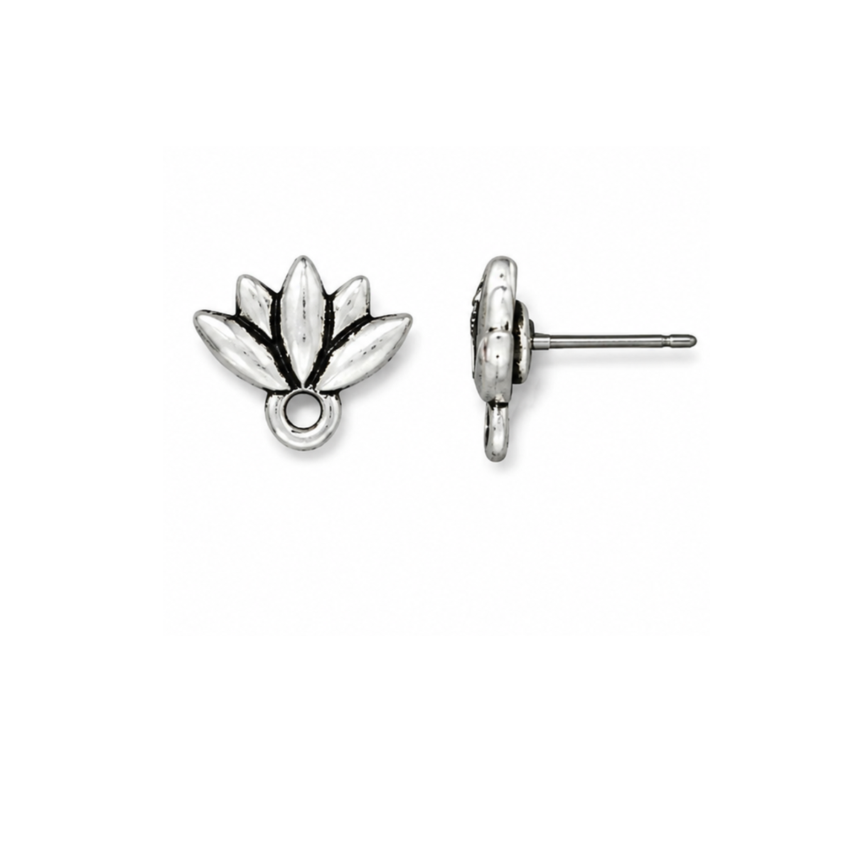 TierraCast Lotus Earring Post in Antique Silverwith titanium post and bottom loop, shown on a white background.