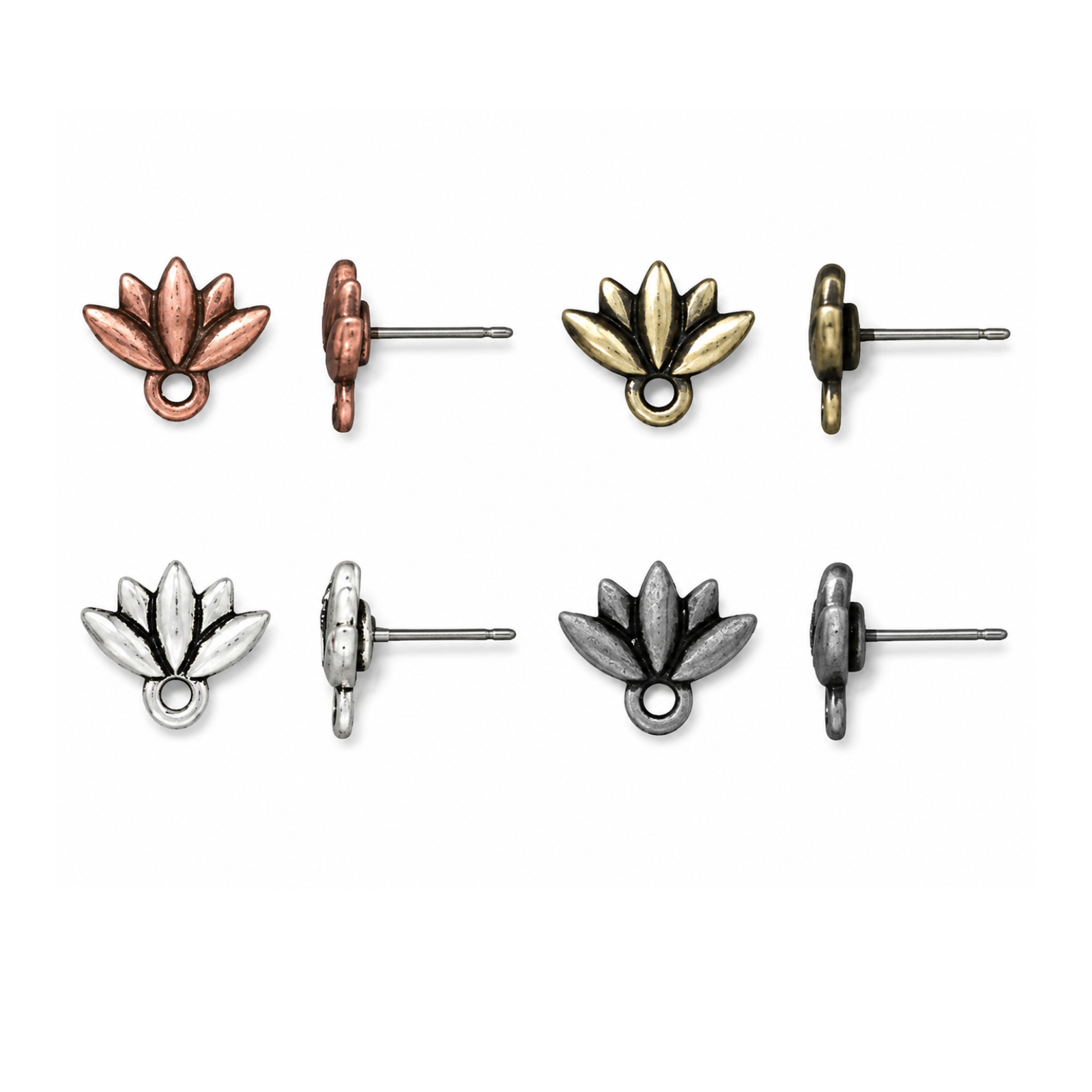 TierraCast Lotus Earring Posts with titanium posts in four metal finishes, shown from front and side.