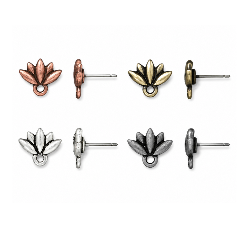 TierraCast Lotus Earring Posts with titanium posts in four metal finishes, shown from front and side.