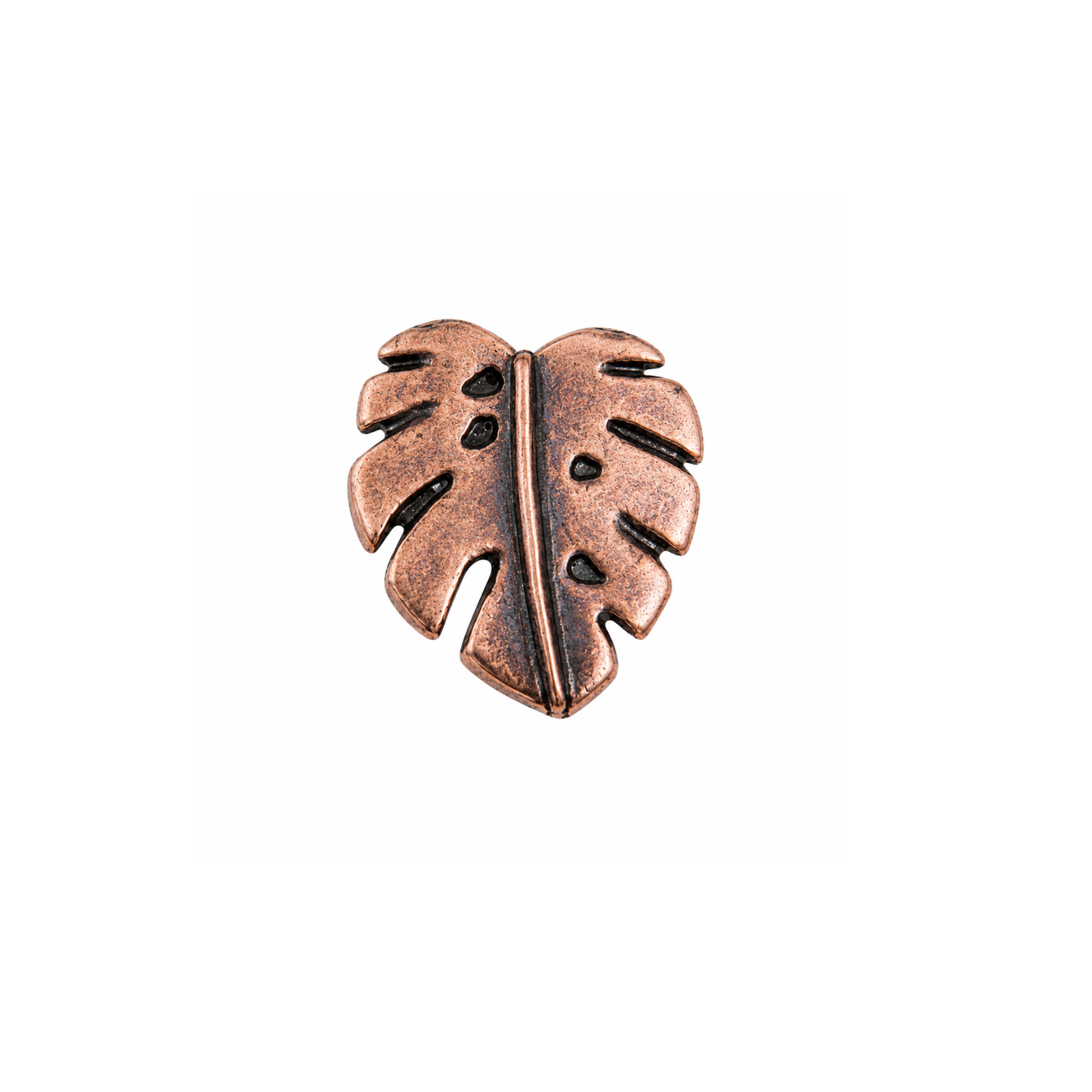 TierraCast Monstera Leaf Button in Antique Copper 15mm, on a white background.